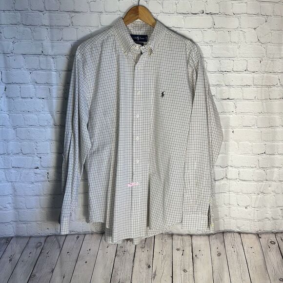 Ralph Lauren Mens Classic Fit Tan Green Plaid Button Down Shirt size 17 34/35 - Picture 1 of 8
